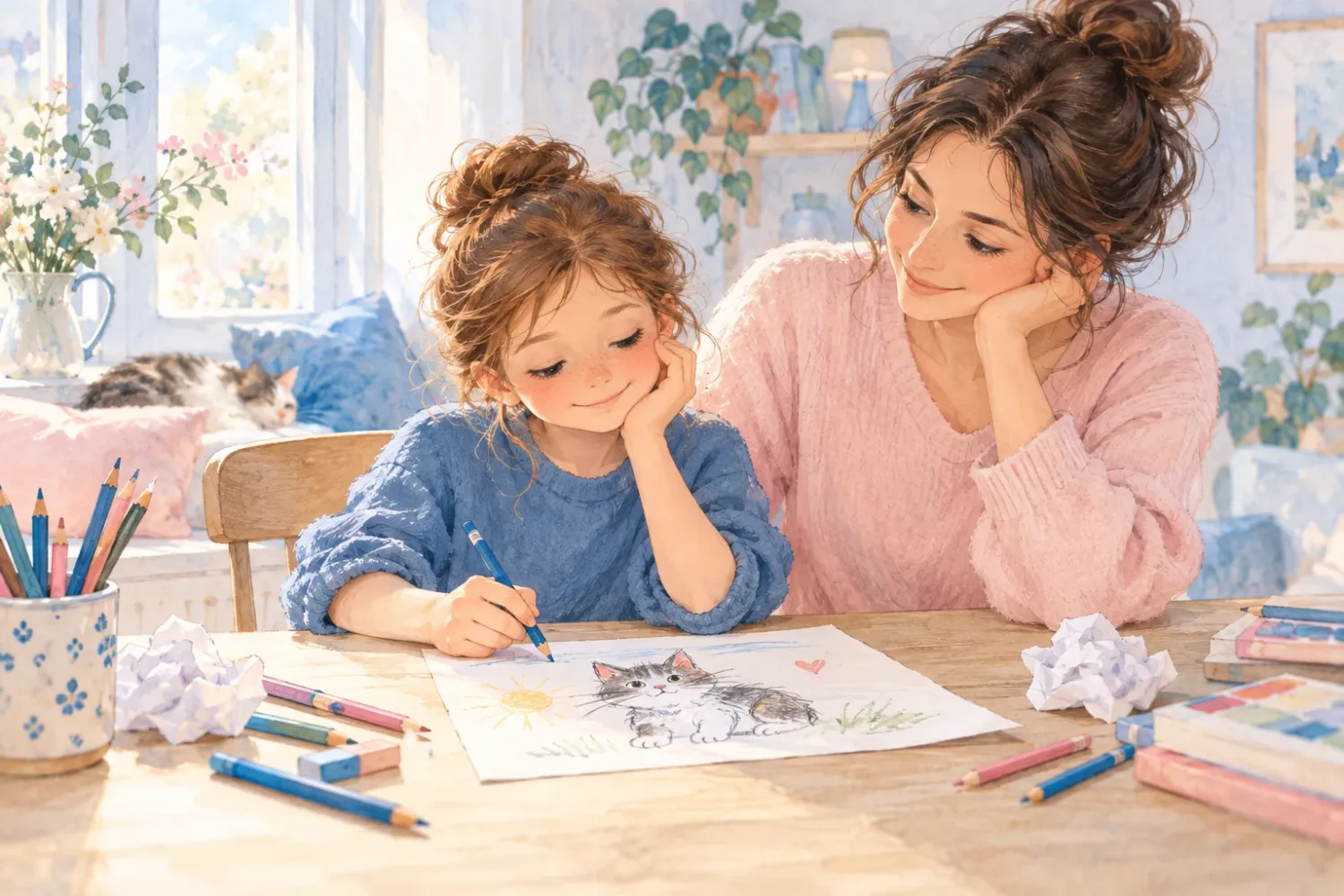 Enfant perfectionniste qui apprend à accepter ses erreurs avec le soutien bienveillant de son parent.