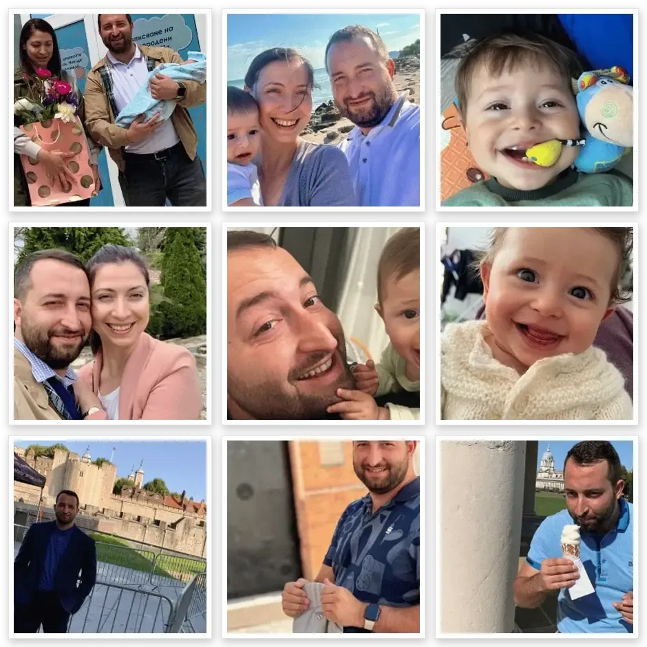 Nikolay Valkov with his partner and their baby, plus travel photos