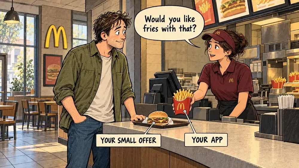 At a fast food counter the cashier offers fries with a burger: the burger is labelled your small offer, the fries are labelled your app