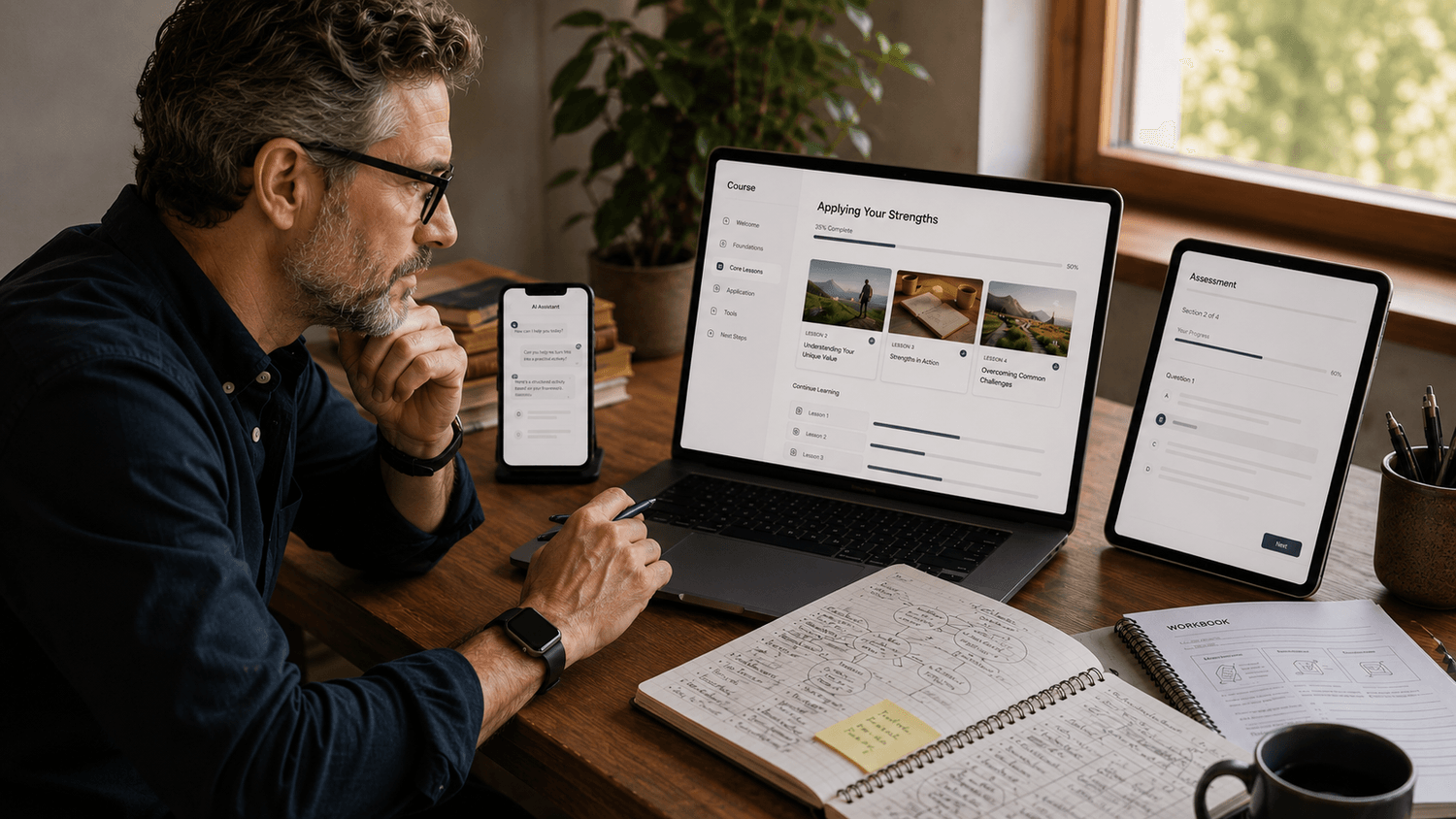 Expertise presented through a digital course, assessment, workbook, AI assistant and practical toolkit.