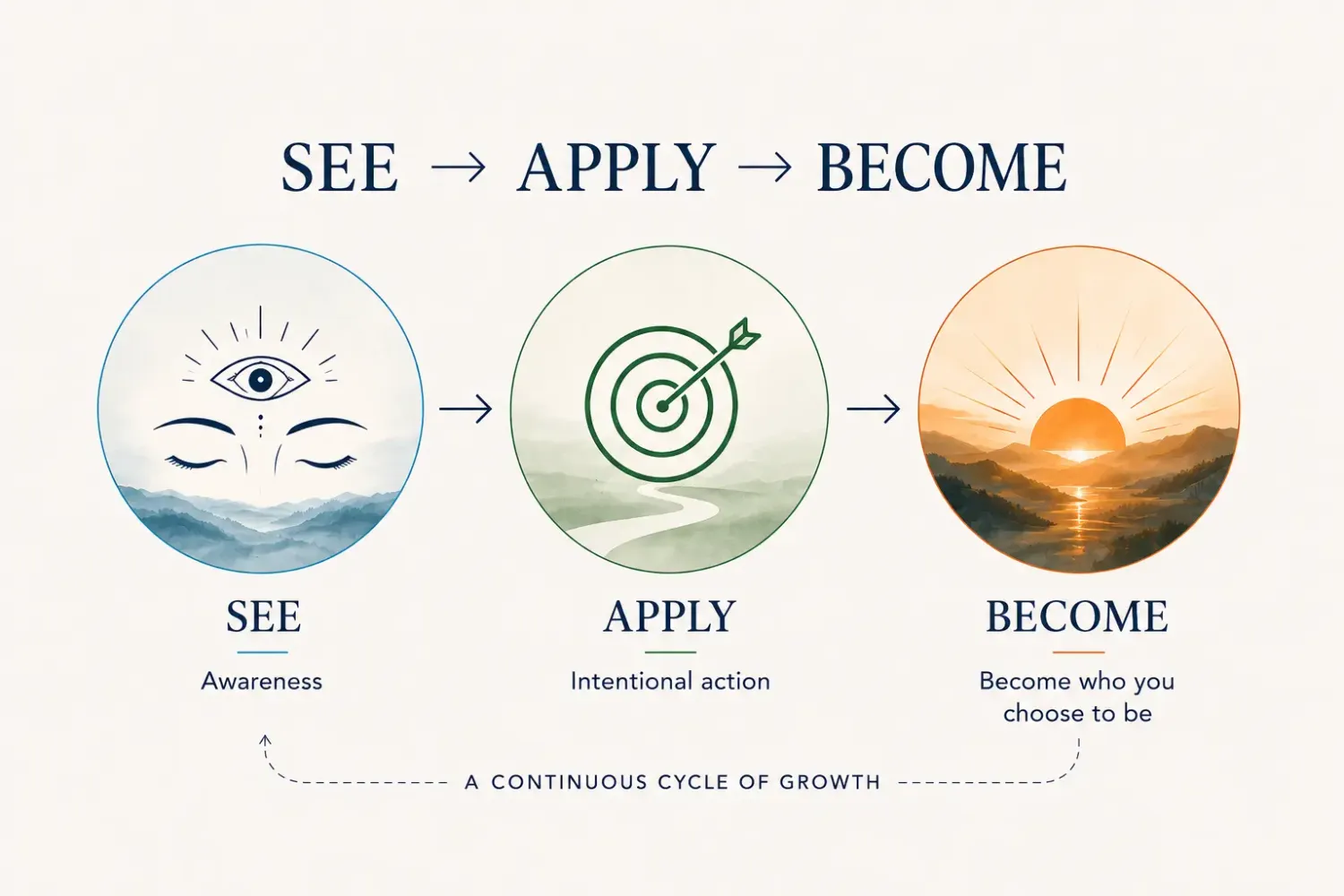 A continuous cycle of SEE, APPLY, BECOME, shown as three connected stages rather than a single moment of change