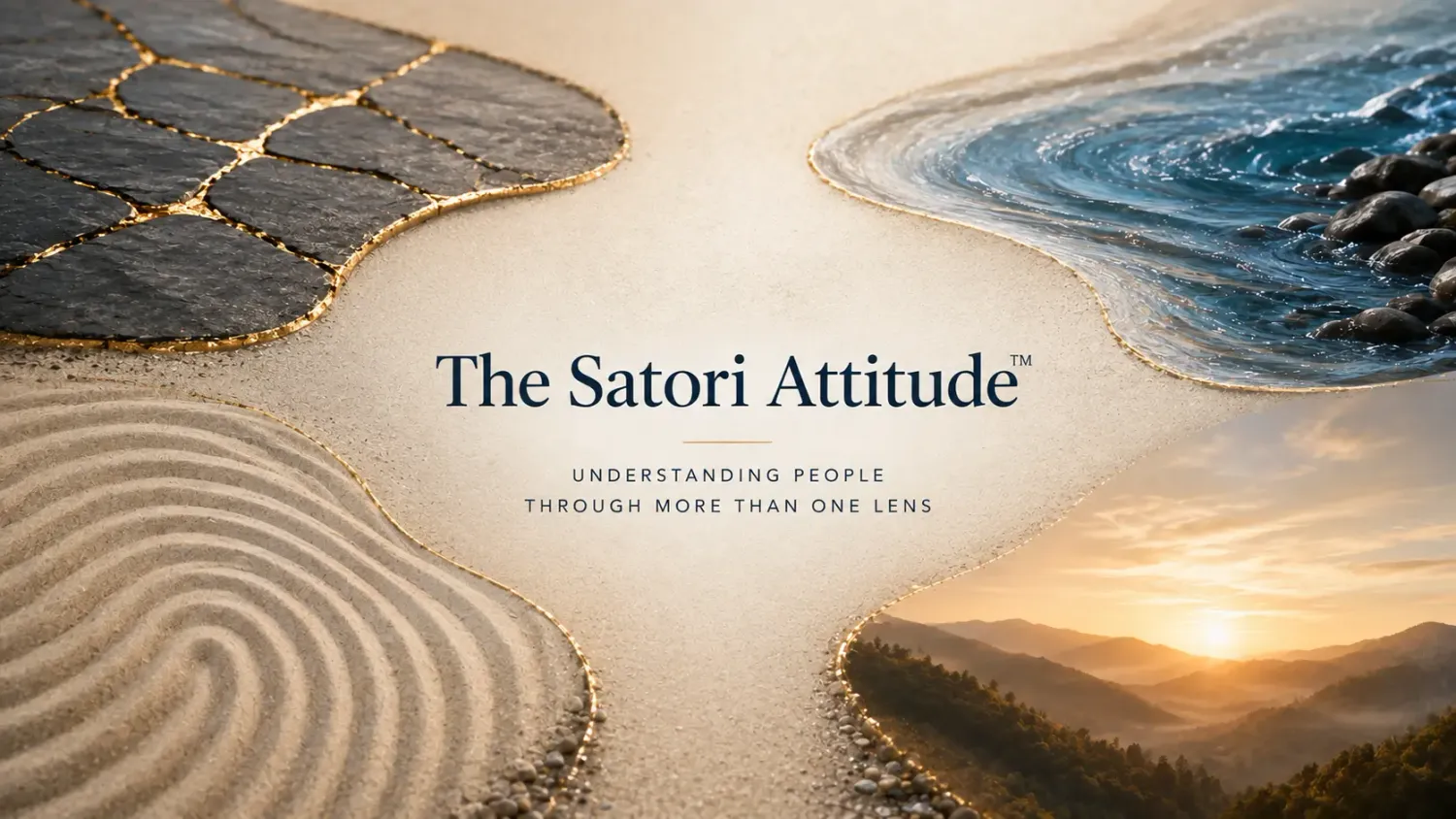 Four paths converge into one calm centre, representing how Kintsugi, CliftonStrengths, Ikigai and Satori come together