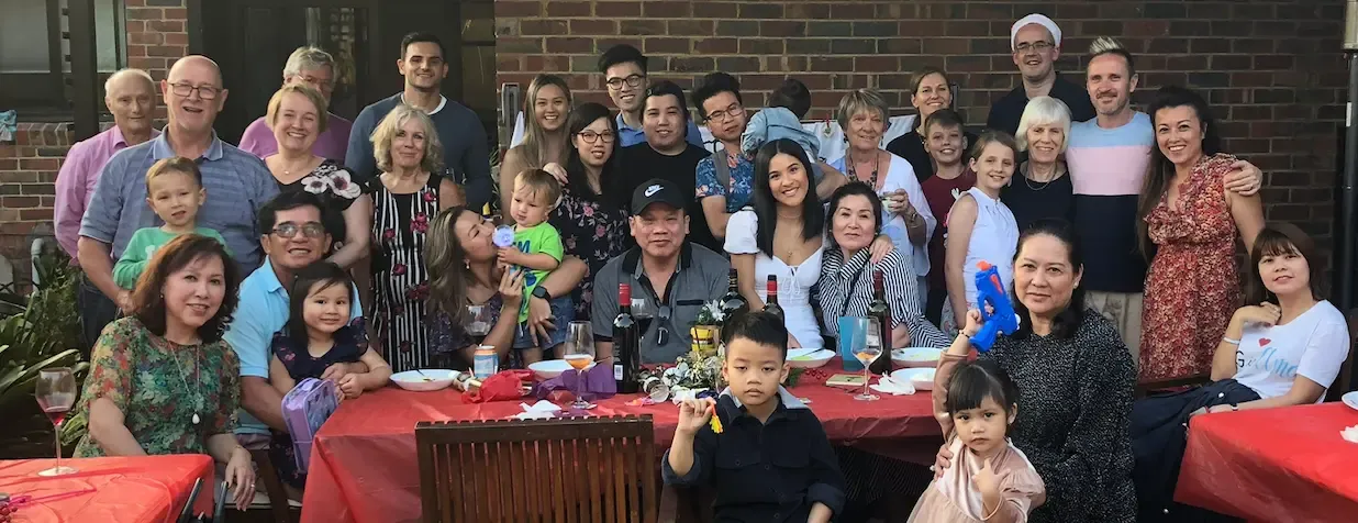 My blended East-meets-West family and friends gathered together at a home celebration