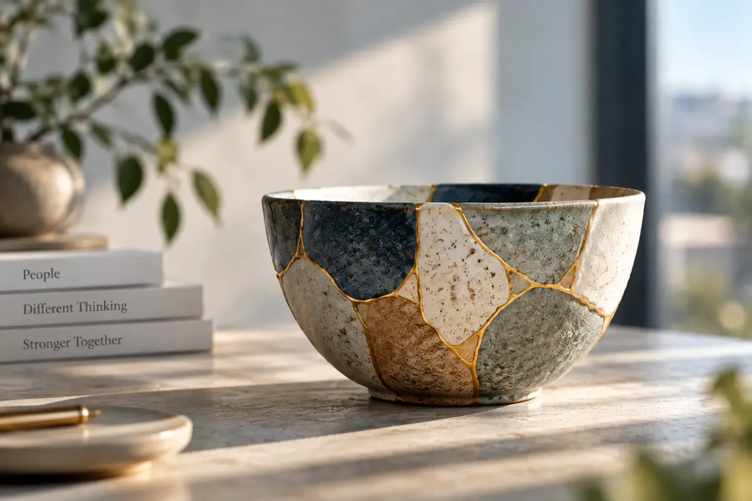 A kintsugi bowl repaired with gold seams, next to books titled People, Different Thinking and Stronger Together
