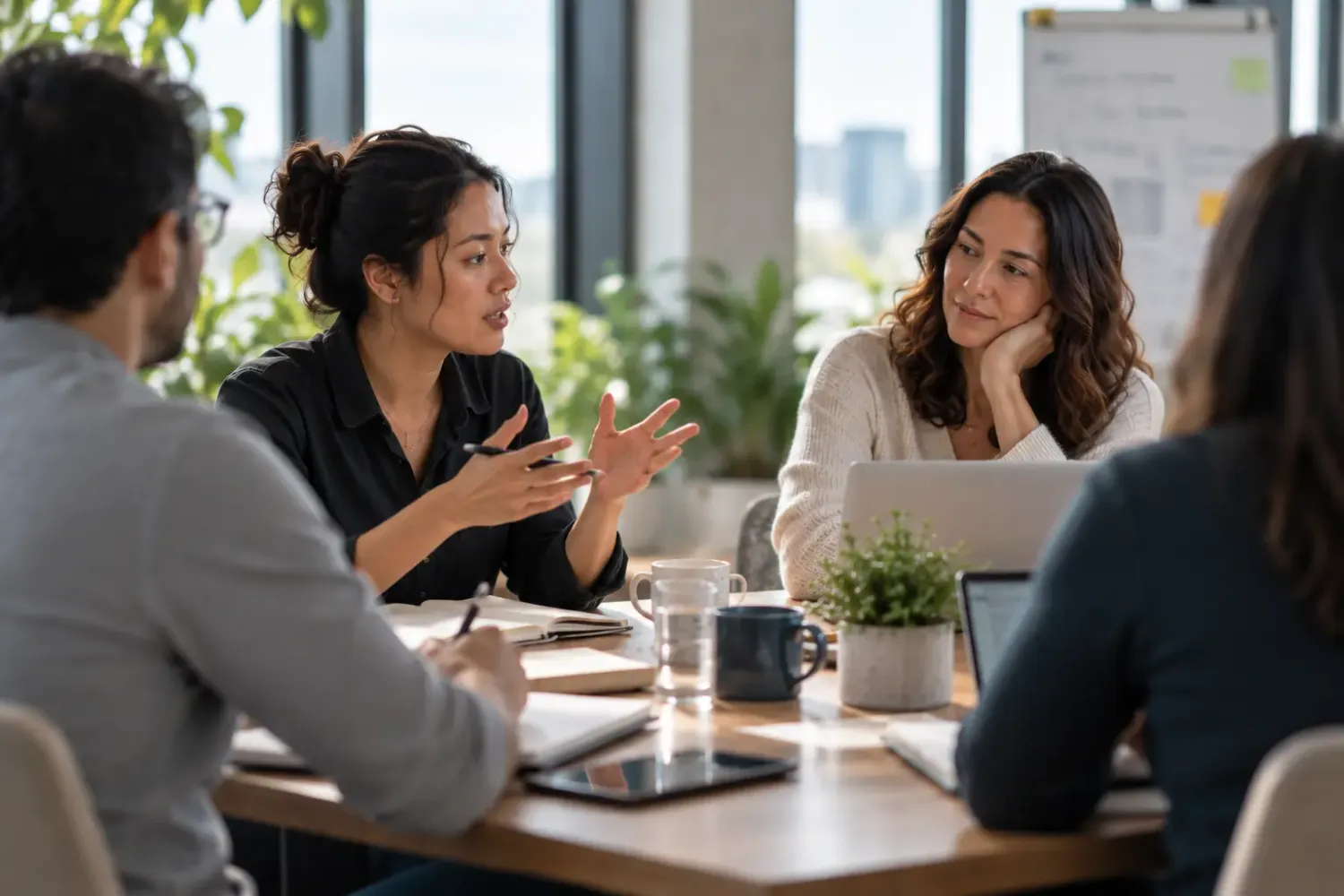 A team meeting where one person speaks while colleagues listen and contribute their own perspective