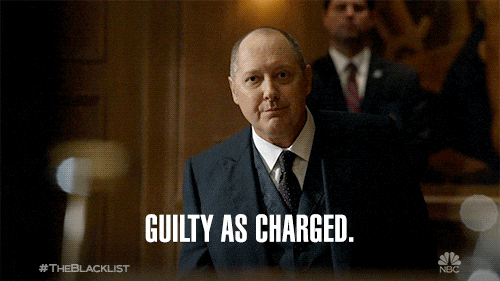 GIF from The Blacklist — a dark dramatic scene with bold white text reading GUILTY AS CHARGED, capturing the weight of dad guilt
