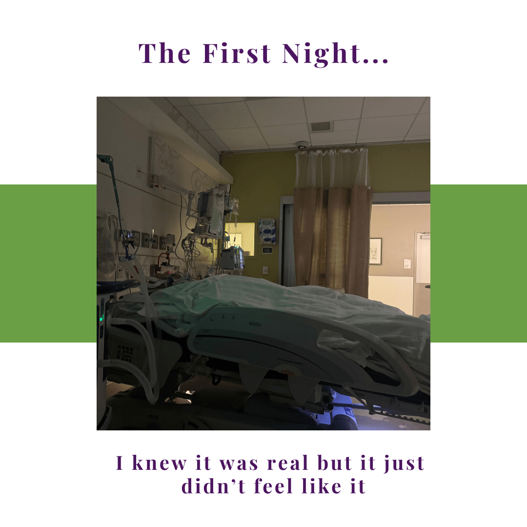 Dimly lit ICU hospital room with a patient in bed and medical equipment during the first night after cardiac arrest