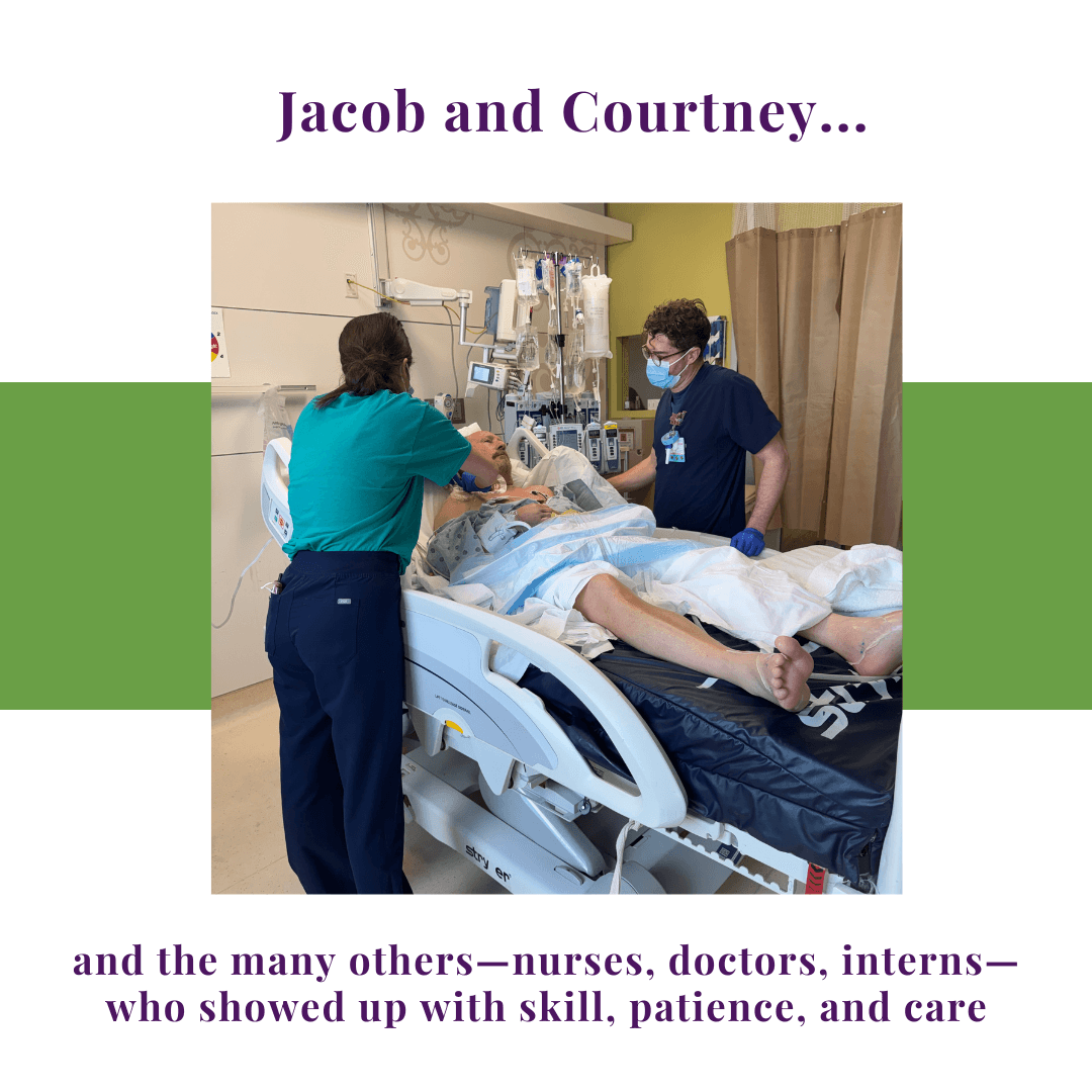 Two ICU nurses caring for a patient in a hospital bed surrounded by monitors and medical equipment