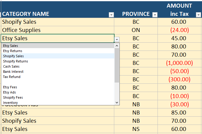 drop down canada bookkeeping template