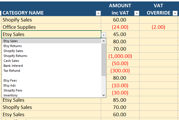 drop down uk bookkeeping template