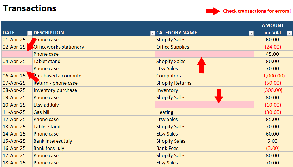 error checking uk bookkeeping template