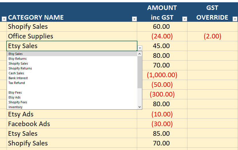 drop down australia bookkeeping template