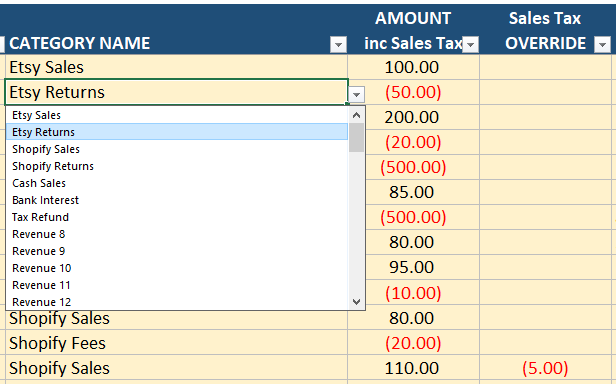 drop down global bookkeeping template