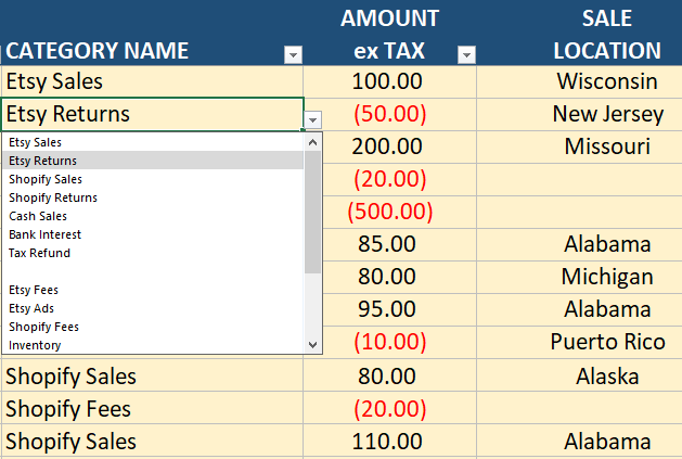 drop down usa bookkeeping template