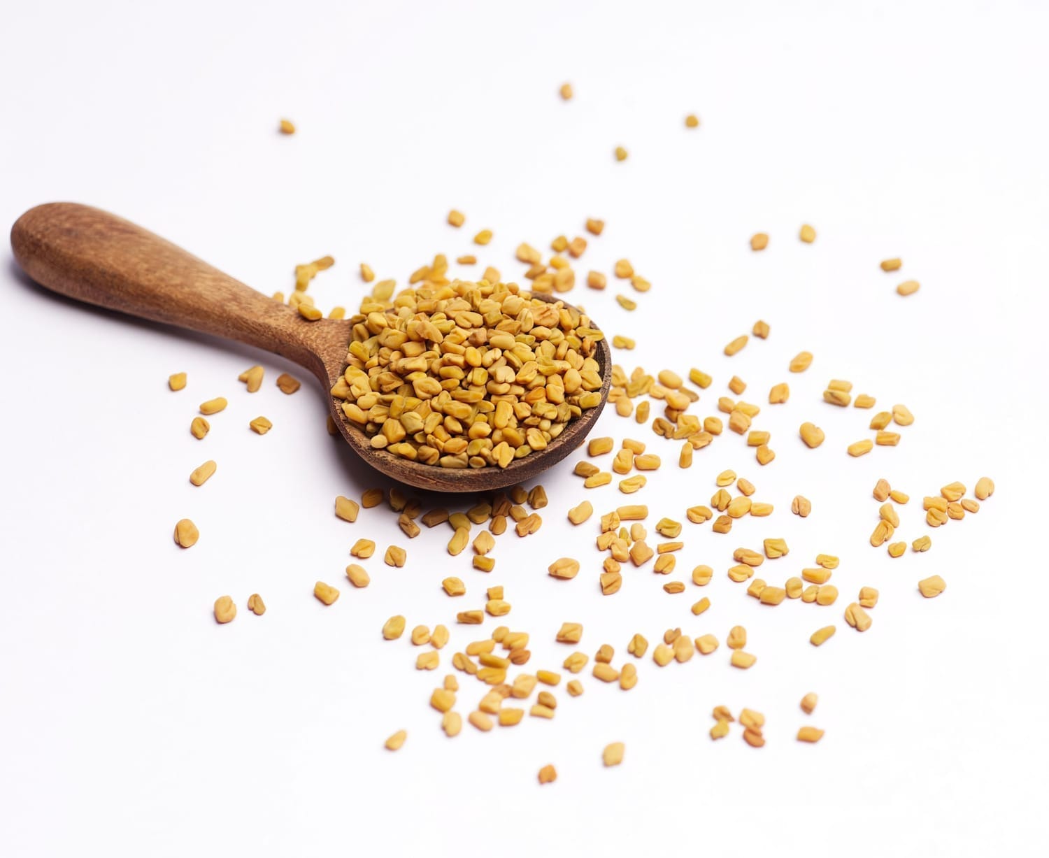 Graines de fenugrec dans une cuillère en bois, utilisées pour stimuler l'appétit et favoriser la prise de poids chez les ectomorphes
