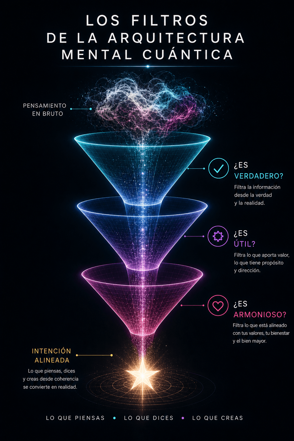 Diagrama de filtros mentales del emprendimiento consciente que transforma pensamientos en bruto en intención alineada a través de verdad, utilidad y armonía