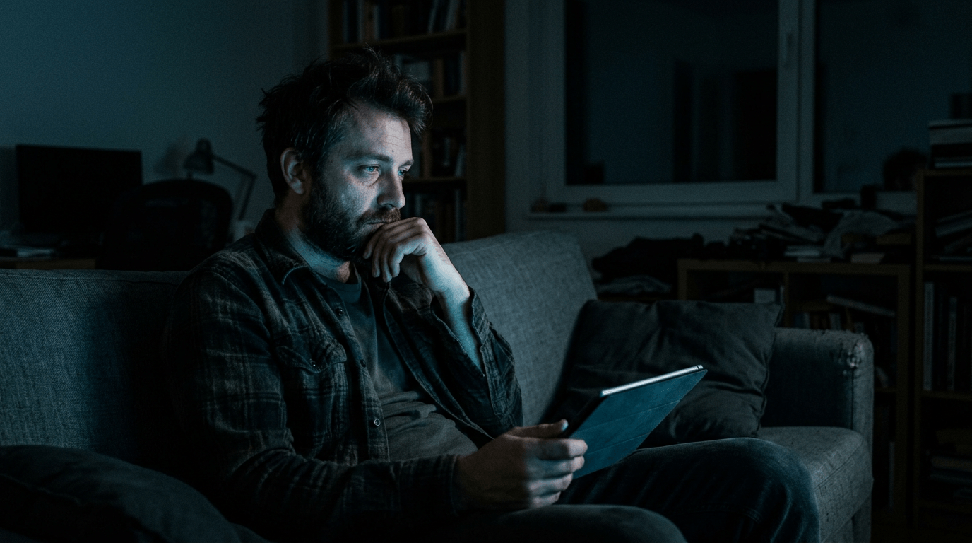 Hombre con la mirada perdida y expresión de estrés rumiando pensamientos frente a la luz de su teléfono, ilustrando cómo los patrones inconscientes mantienen el bucle de la dependencia emocional.
