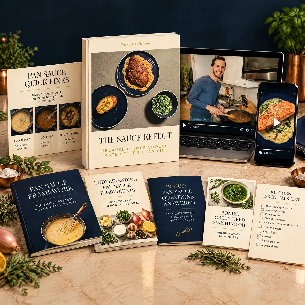 The Sauce Effect Bundle featuring Patrick Williams recipe book, walkthrough videos, quick fixes pamphlet, framework, and bonus guides