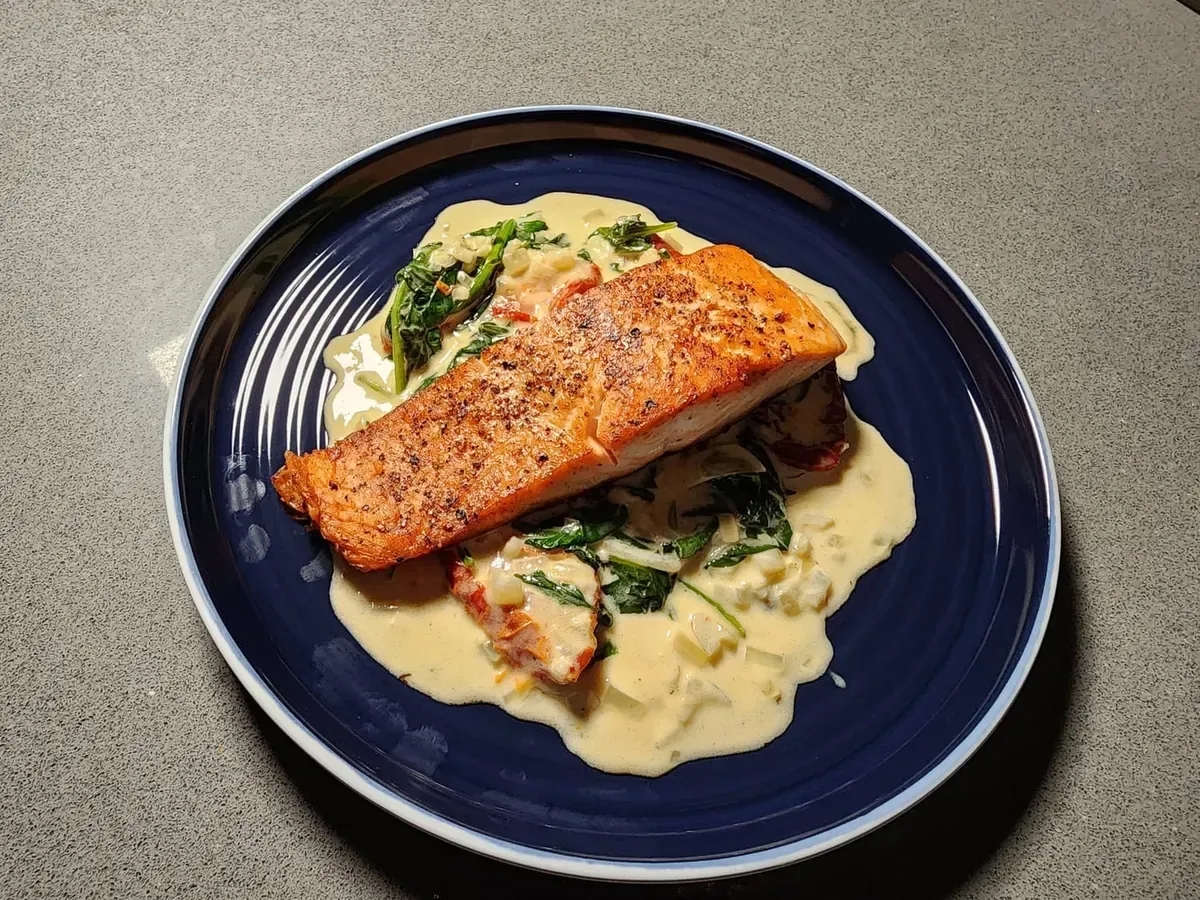 Crispy Tuscan Salmon in garlic herb cream