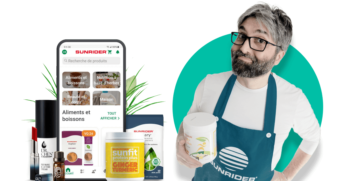 Cédric Bonnot, entrepreneur Sunrider®, présente les produits de la boutique en ligne depuis son smartphone
