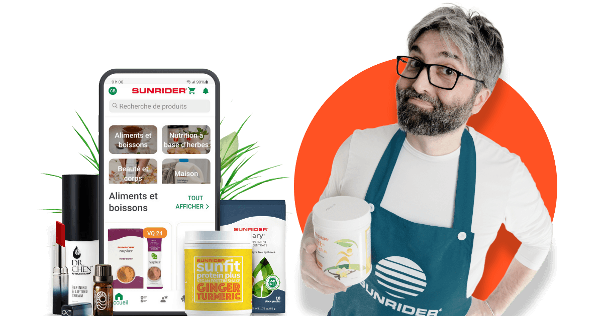 Cédric Bonnot, entrepreneur Sunrider®, présente les produits de la boutique en ligne depuis son smartphone