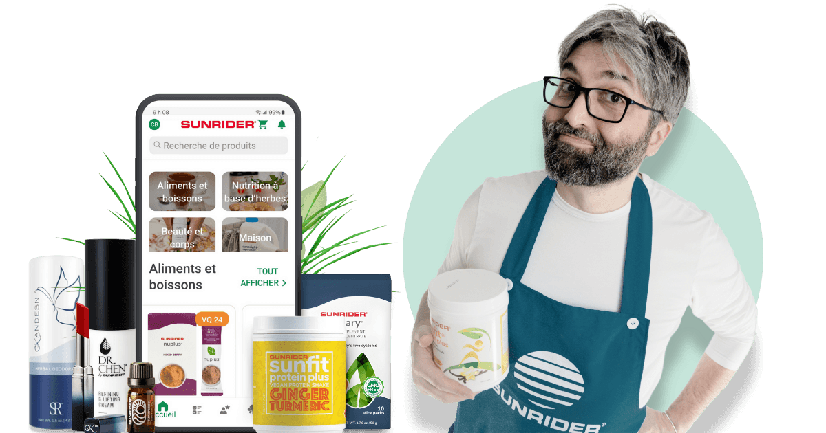 Cédric Bonnot, entrepreneur Sunrider®, présente les produits de la boutique en ligne depuis son smartphone