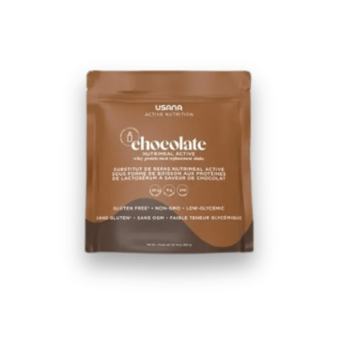 Sachet de substitut de repas USANA Nutrimeal Active saveur chocolat, boisson protéinée sans gluten, sans OGM et à faible teneur glycémique pour le projet Bienavoir.