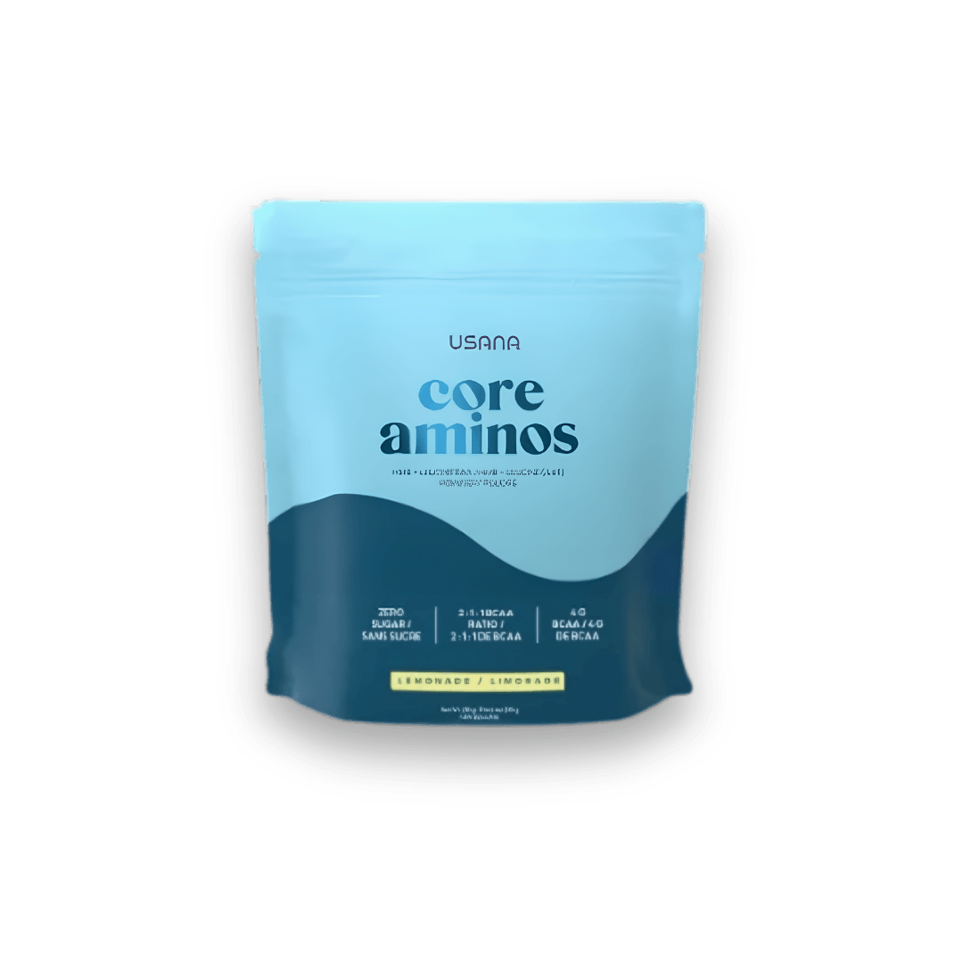Sachet de suppléments d'acides aminés USANA Core Aminos saveur limonade sans sucre avec BCAA et HMB, recommandé par Bienavoir pour la nutrition cellulaire et la récupération.