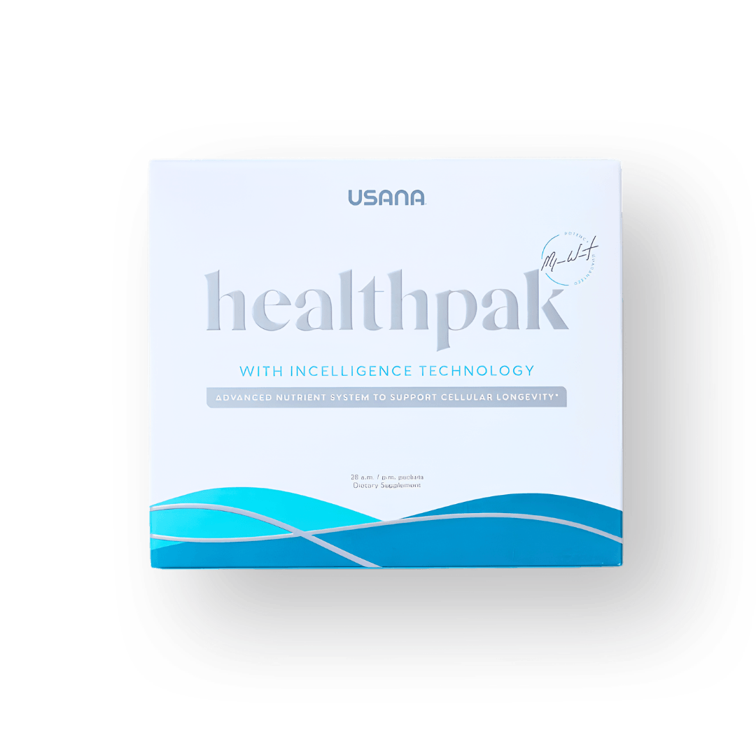 Boîte de suppléments nutritionnels de pointe USANA HealthPak avec technologie InCelligence pour la longévité cellulaire.Sachet de suppléments d'acides aminés USANA Core Aminos saveur limonade sans sucre avec BCAA et HMB, recommandé par Bienavoir pour la nutrition cellulaire et la récupération.