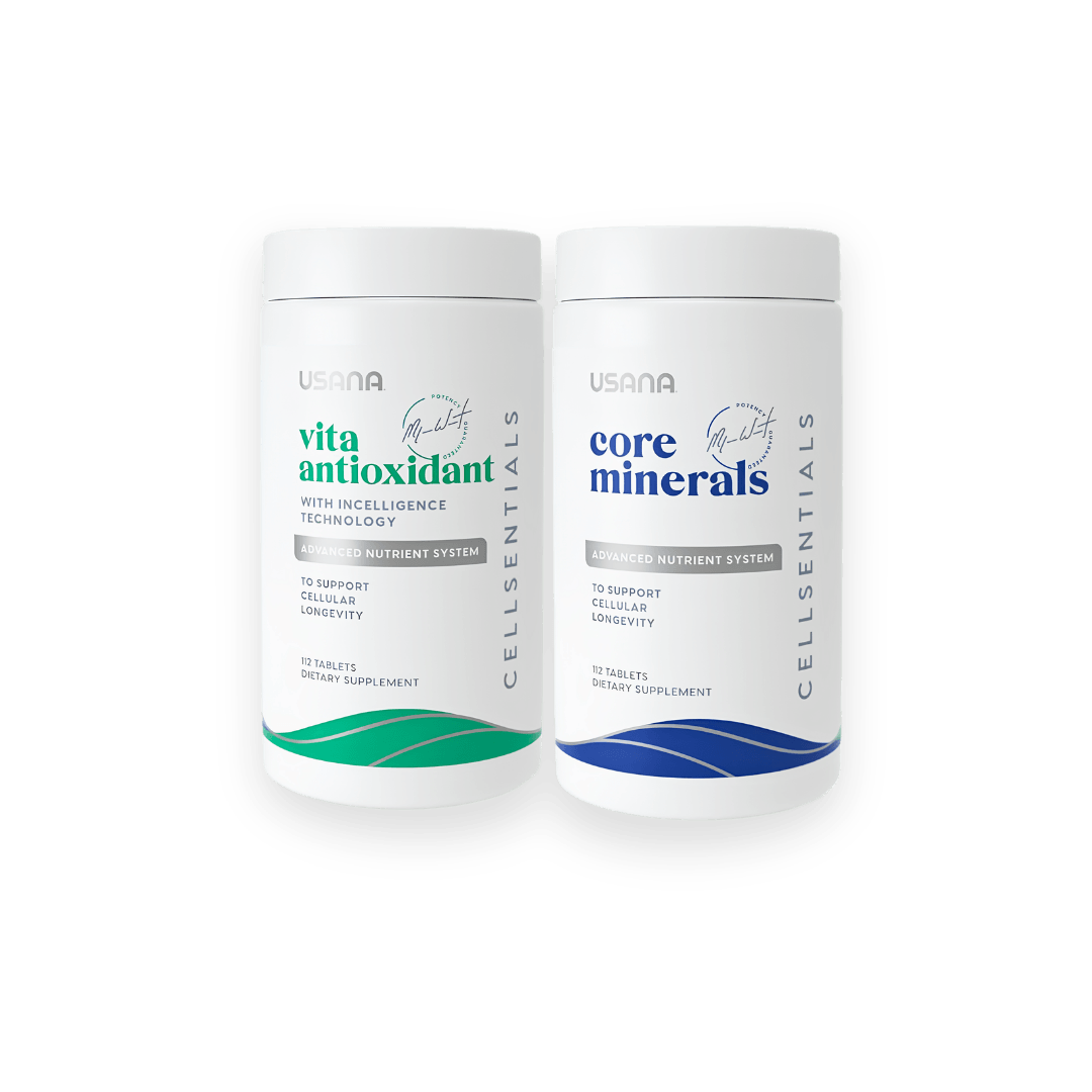Flacons Vita Antioxidant et Core Minerals USANA CellSentials avec technologie InCelligence pour la nutrition cellulaireSachet de substitut de repas USANA Nutrimeal Active saveur chocolat, boisson protéinée sans gluten, sans OGM et à faible teneur glycémique pour le projet Bienavoir.