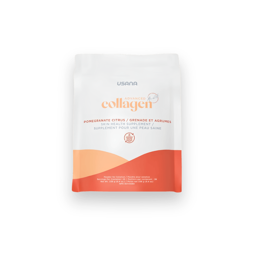 Sachet de supplément pour une peau saine USANA Advanced Collagen saveur grenade et agrumes.