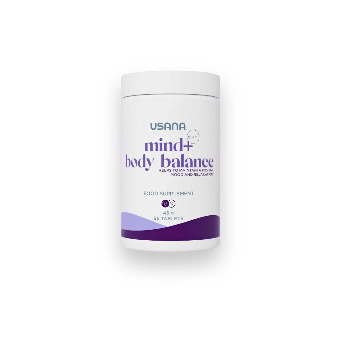 Flacon de compléments alimentaires USANA Mind + Body Balance pour le maintien d'une humeur positive.