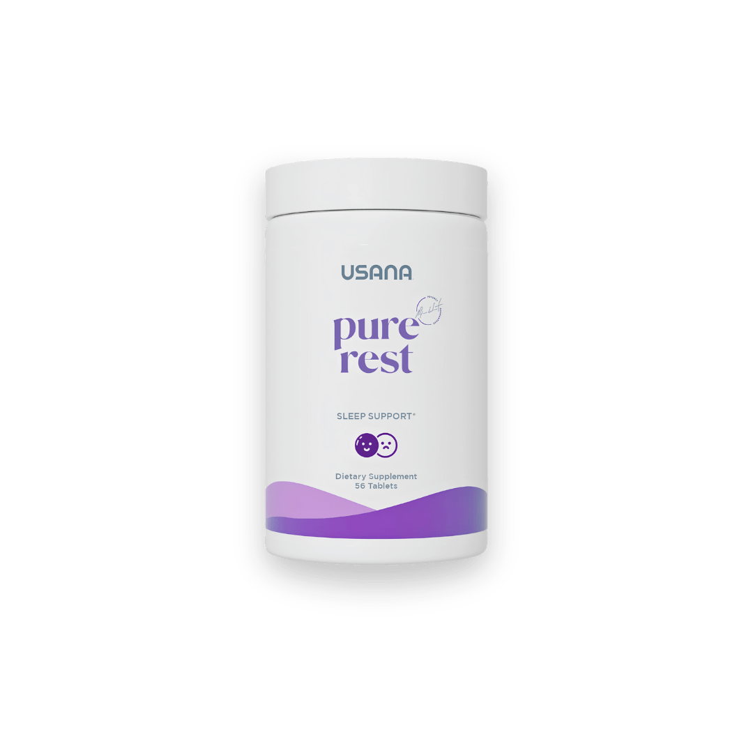 Flacon de suppléments USANA Pure Rest pour le soutien du sommeil et des cycles naturels de repos.