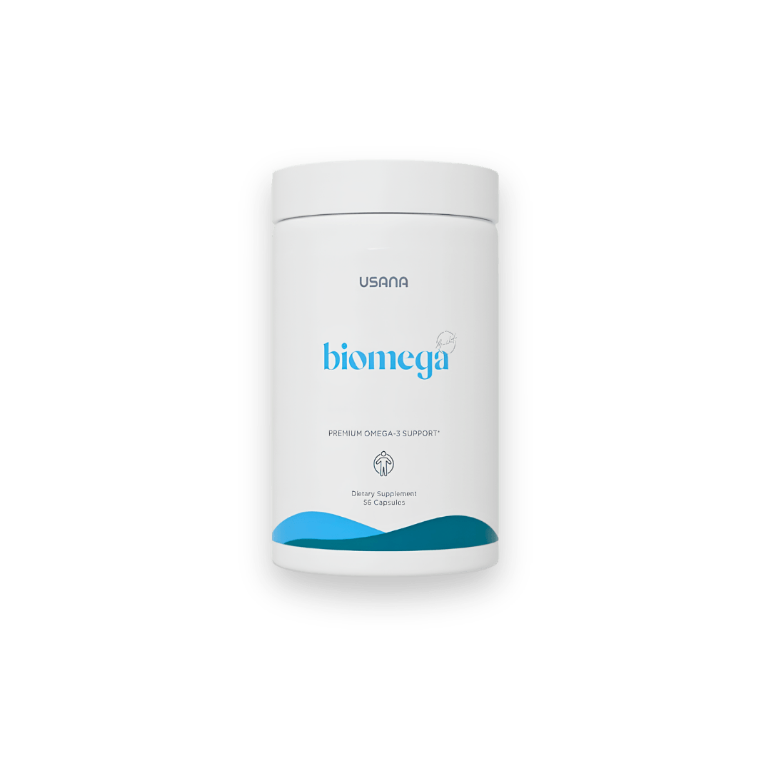Flacon de gélules USANA Biomega, supplément d'acides gras oméga-3 de qualité supérieure.