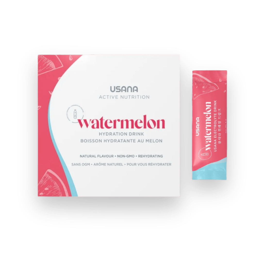 Boîte et sachet de boisson hydratante USANA Active Nutrition saveur melon, formule aux électrolytes sans OGM.