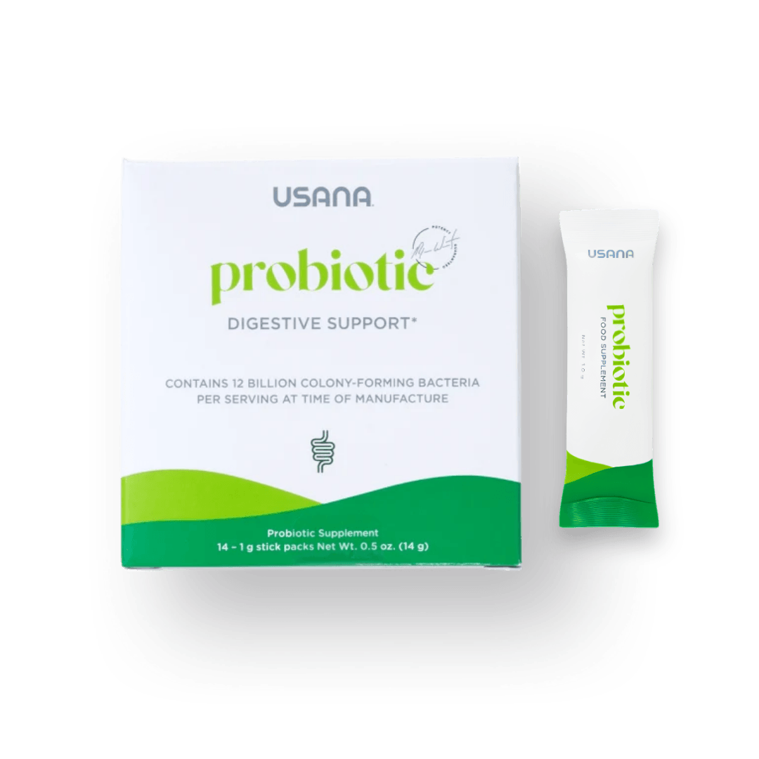 Boîte et sachet de suppléments USANA Probiotic pour le soutien de la flore et de la digestion.