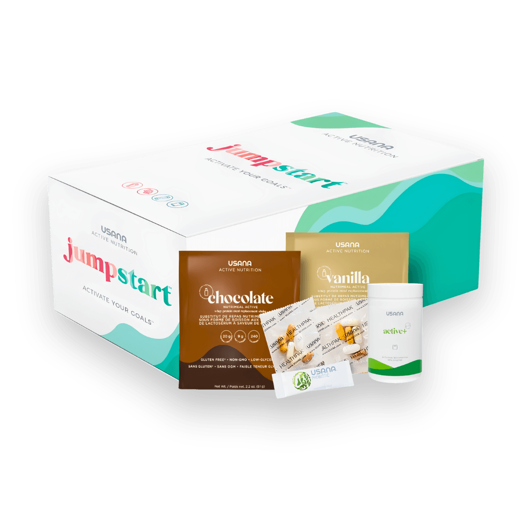 Coffret de départ USANA JumpStart Active Nutrition comprenant des substituts de repas et des suppléments.