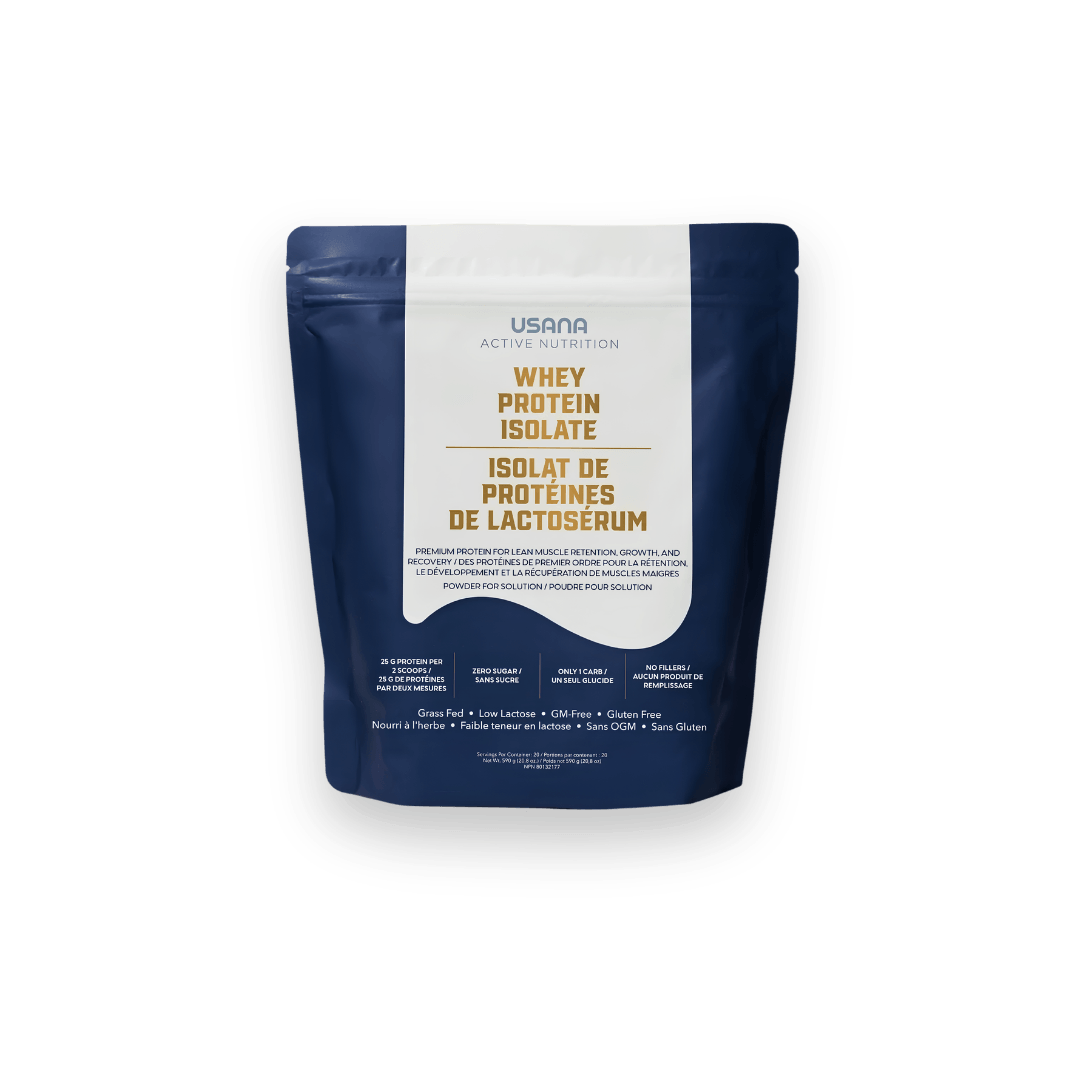 Sachet d'isolat de protéines de lactosérum USANA Active Nutrition, formule sans sucre nourrie à l'herbe.