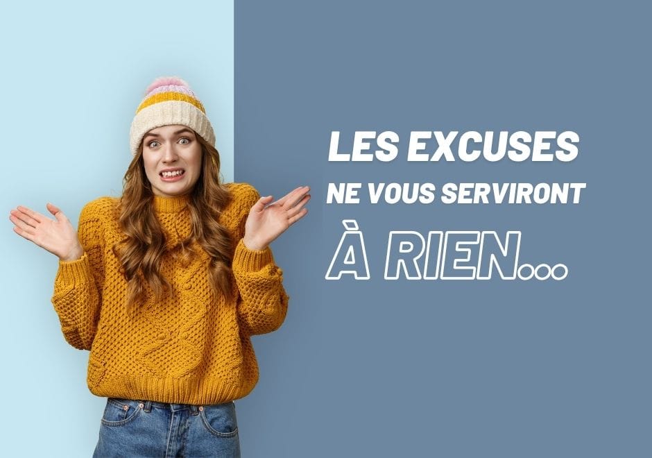 Jeune femme perplexe haussant les épaules, avec le texte : les excuses ne vous serviront à rien
