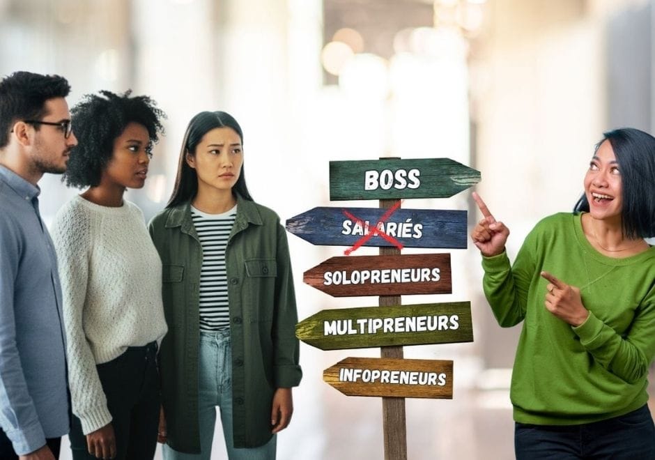 Trois salariés inquiets devant un panneau indiquant boss, salariés barré, solopreneurs, multipreneurs, infopreneurs