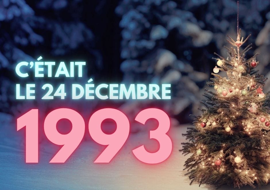 Sapin de Noël illuminé dans la neige, la nuit, avec le texte : c'était le 24 décembre 1993