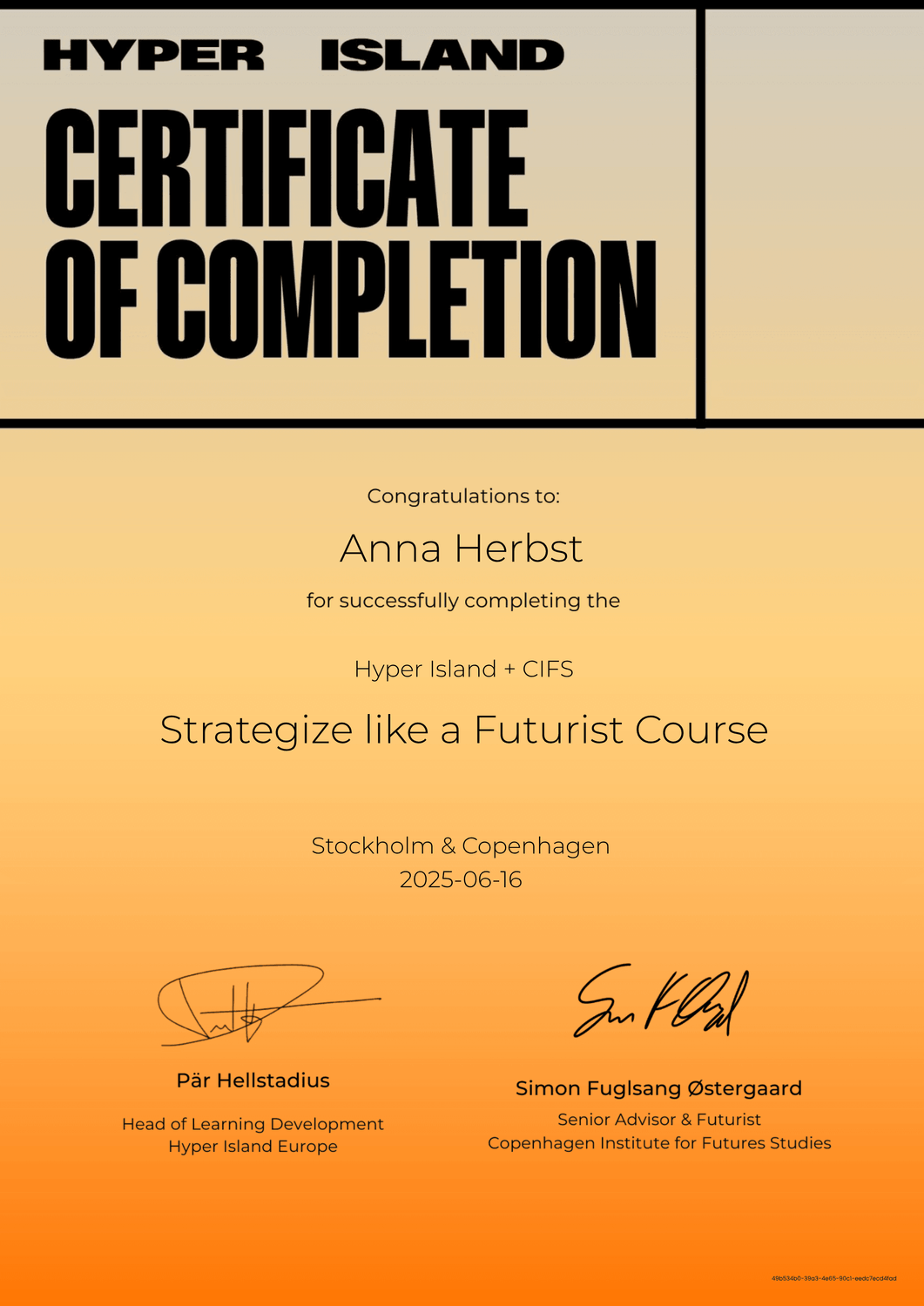 Zertifikat Hyper Island Copenhagen Institute for Futures Studies - Strategize like a Futurist