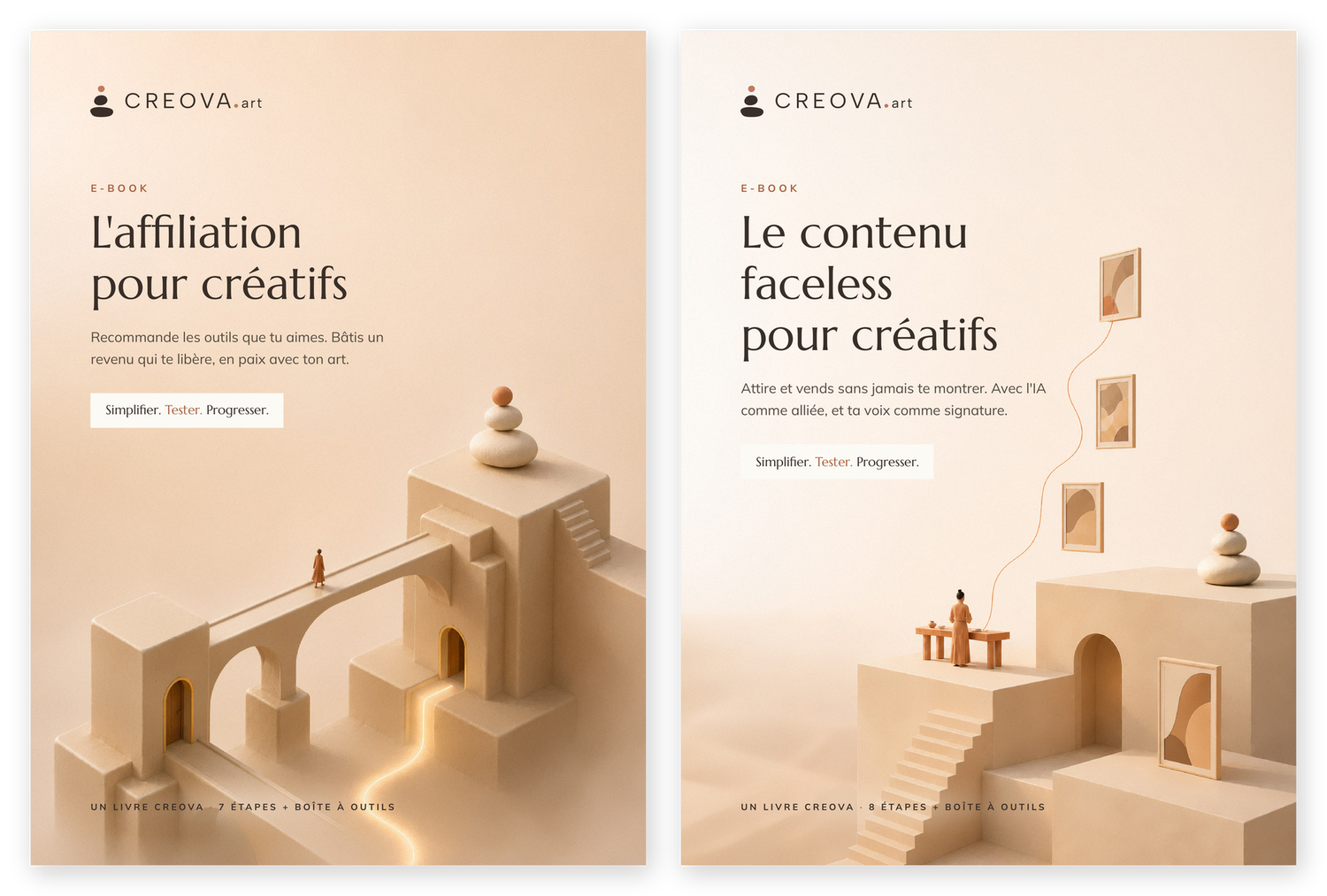 Les couvertures des deux livres Creova, L'affiliation pour créatifs et Le contenu faceless pour créatifs