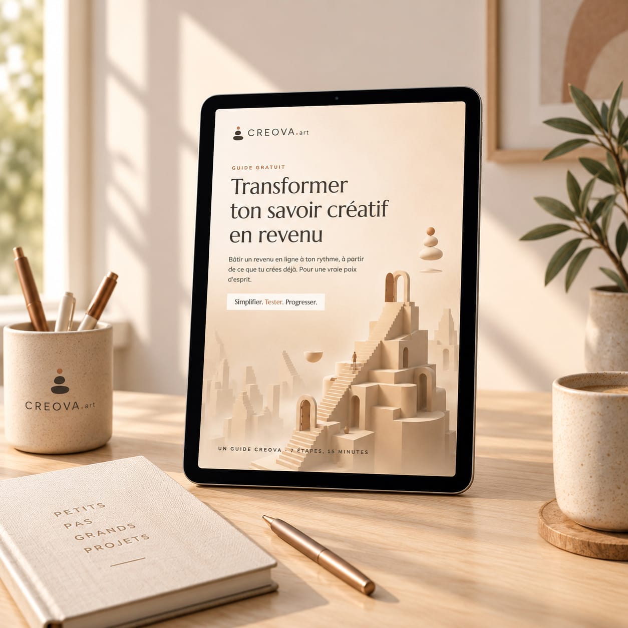 Le guide gratuit Transformer ton savoir créatif en revenu, affiché sur une tablette