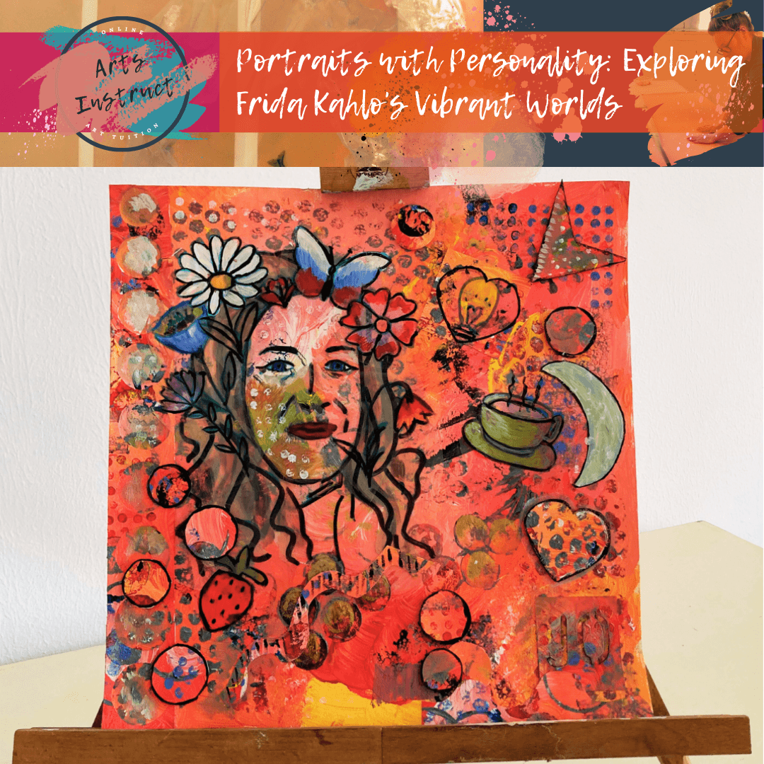 Art lesson inspired by frida Kahlo. Students create a mixed media self portrait title 'Portraits with Personality.