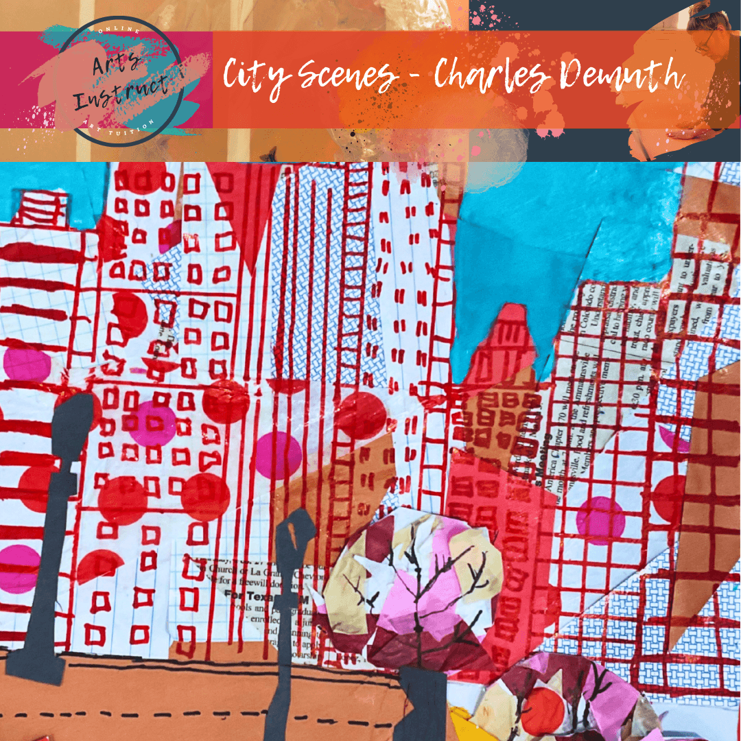 City Scenes lesson inspired by the artist Charles Demuth. Students create a city scene using geometric shapes and a limited palette.