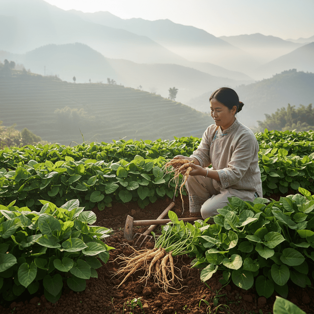 Farmer harvesting Panax Notoginseng roots in Yunnan Province highlands for authentic skin firming serum ingredients