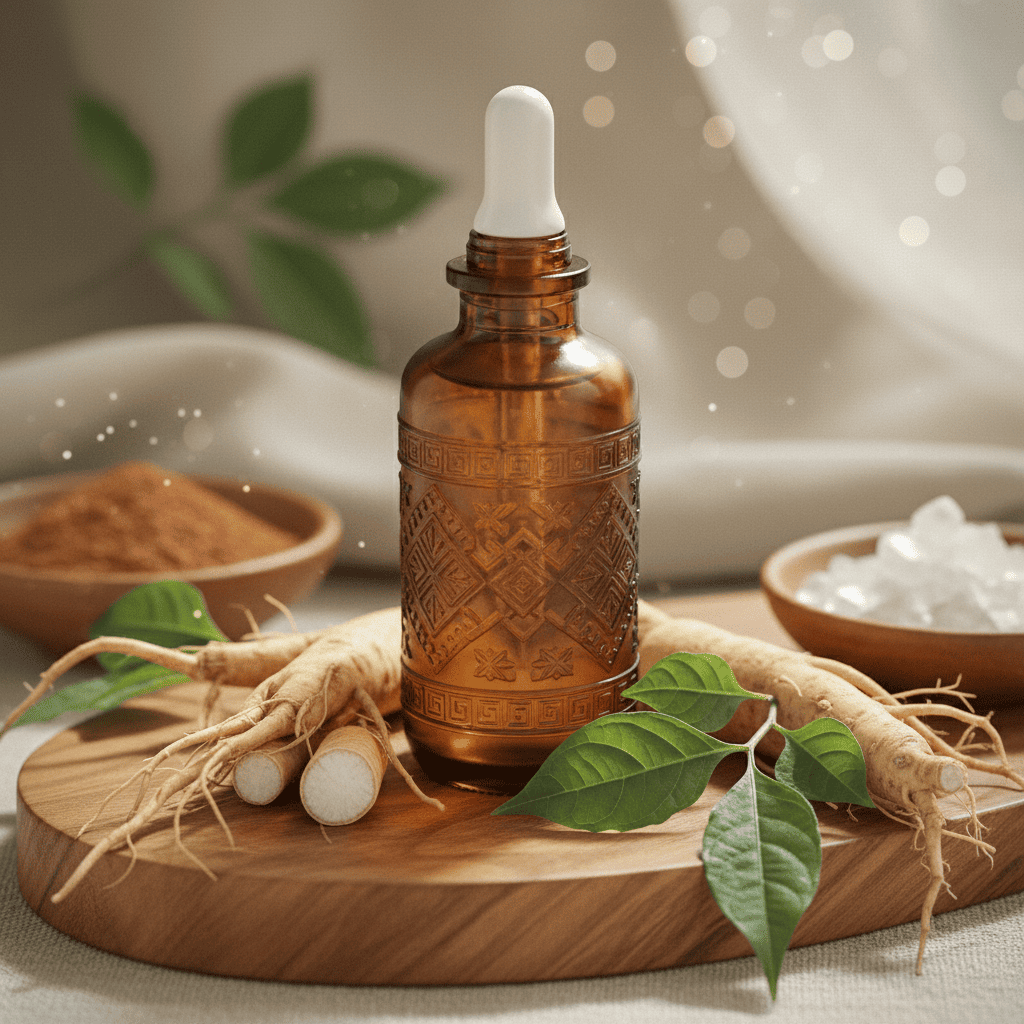 Skin firming serum bottle with fresh Panax Notoginseng roots showing ginsenoside-rich herbal skincare formulation
