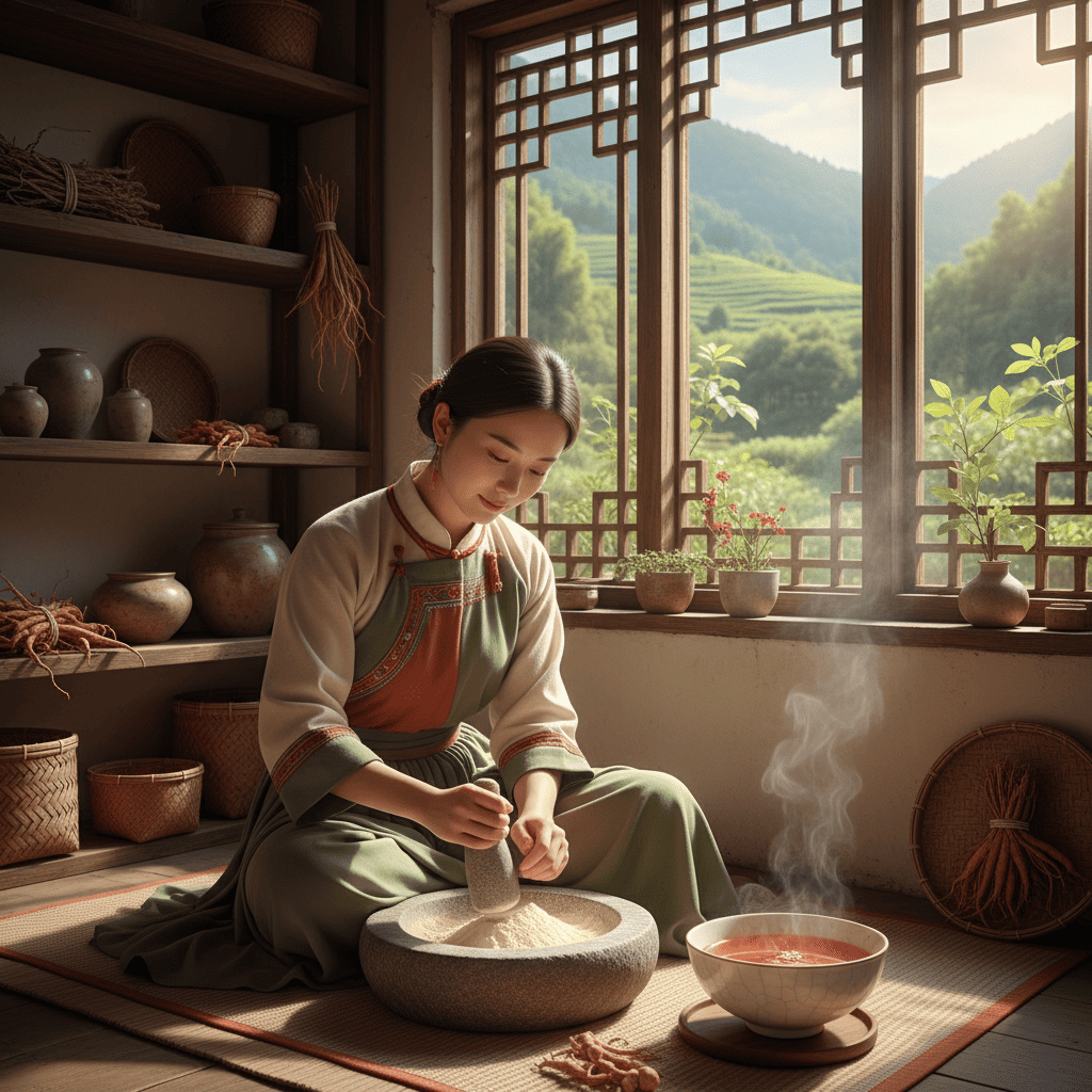 Traditional Yunnan beauty ritual preparing Panax Notoginseng powder for natural skin rejuvenation treatment
