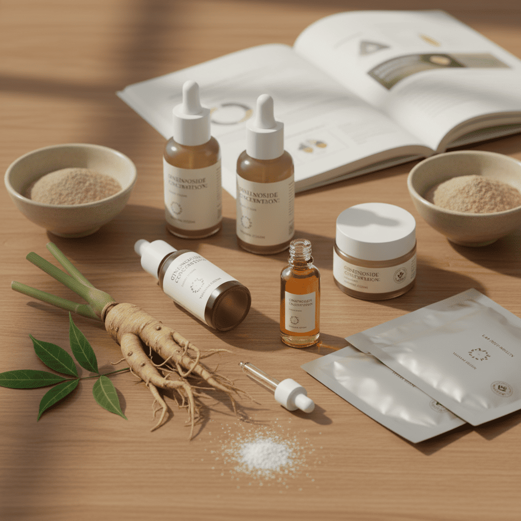 Premium Panax Notoginseng skincare products displaying saponin extracts and traditional medicine formulations